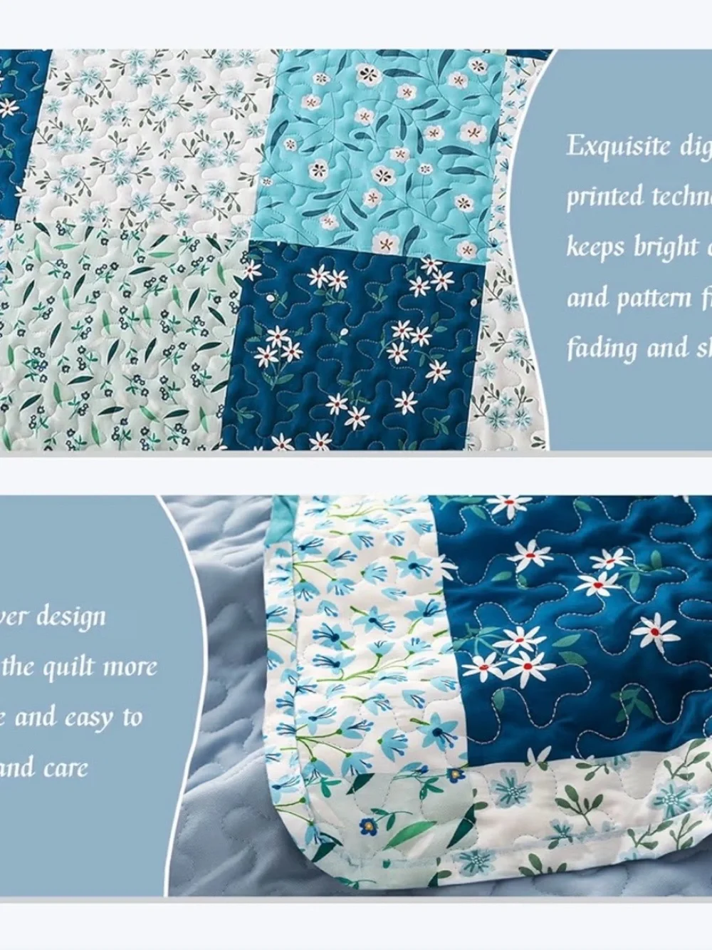Blue Patchwork Floral Quilt Set with Pillow Shams